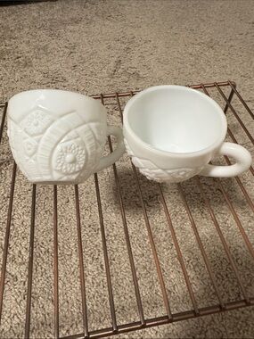 Vintage Classic White Embossed Glass Tea Cups - Set of 2